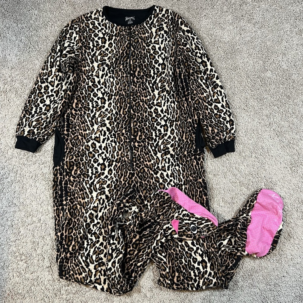 Nick Nora Fleece Footed Zip Pajama XXL Leopard Print Cozy Pockets PJ Party Fun